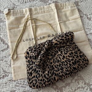 Loeffler Randall Pleated Leopard Bow Clutch w/ Gold Chain Strap Evening Bag